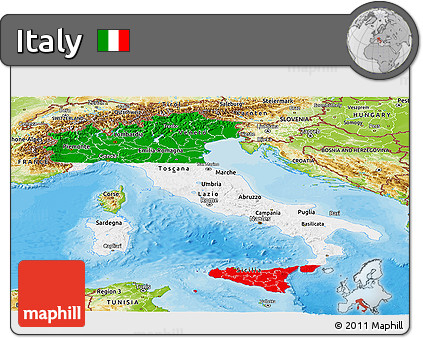 Flag Panoramic Map of Italy, physical outside, bathymetry sea, flag aligned to the middle
