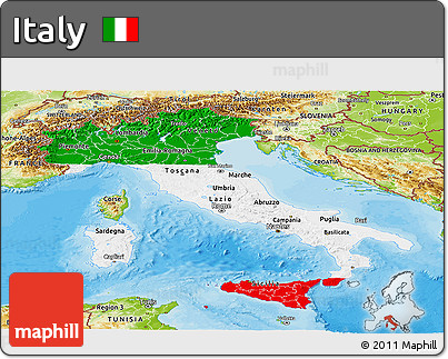 Flag Panoramic Map of Italy, physical outside, bathymetry sea, flag aligned to the middle