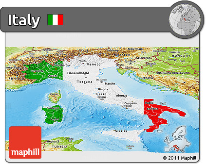 Flag Panoramic Map of Italy, physical outside, flag centered