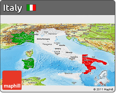 Flag Panoramic Map of Italy, physical outside, flag centered