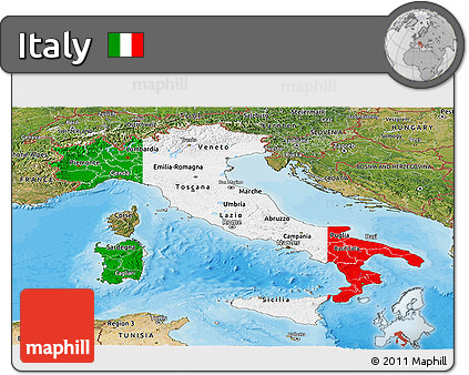 Flag Panoramic Map of Italy, satellite outside, bathymetry sea, flag centered