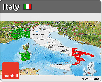 Flag Panoramic Map of Italy, satellite outside, bathymetry sea, flag centered