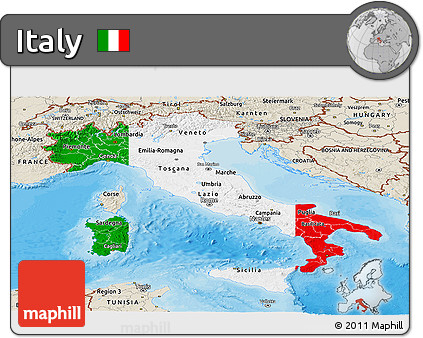 Flag Panoramic Map of Italy, shaded relief outside, bathymetry sea, flag centered