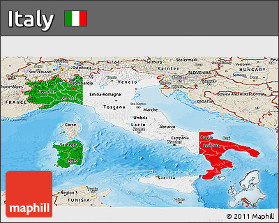 Flag Panoramic Map of Italy, shaded relief outside, bathymetry sea, flag centered