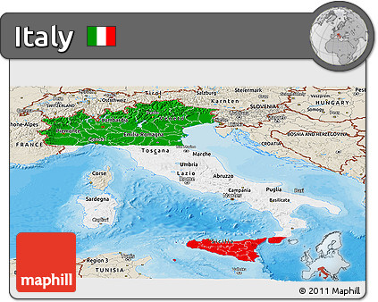Flag Panoramic Map of Italy, shaded relief outside, bathymetry sea, flag aligned to the middle