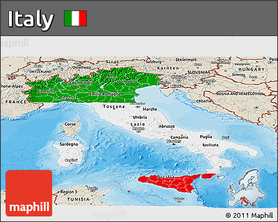 Flag Panoramic Map of Italy, shaded relief outside, bathymetry sea, flag aligned to the middle
