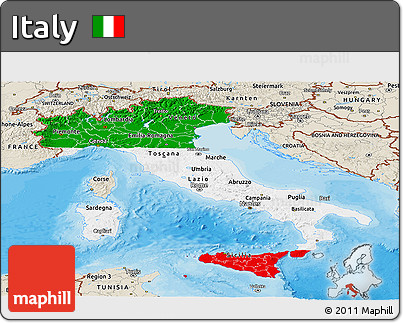 Flag Panoramic Map of Italy, shaded relief outside, bathymetry sea, flag aligned to the middle