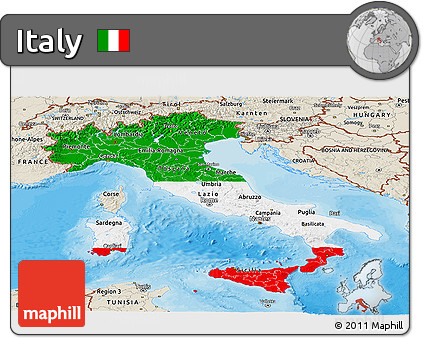 Flag Panoramic Map of Italy, shaded relief outside, bathymetry sea, flag rotated