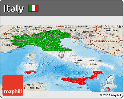 Flag Panoramic Map of Italy, shaded relief outside, bathymetry sea, flag rotated