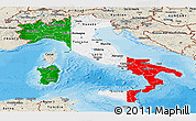 Flag Panoramic Map of Italy, shaded relief outside, bathymetry sea