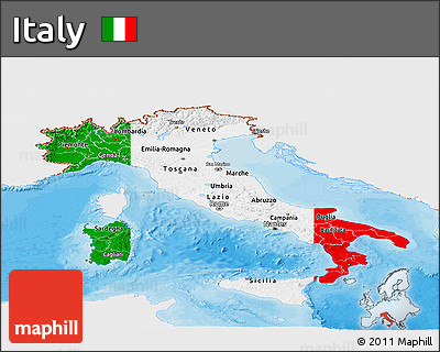 Flag Panoramic Map of Italy, single color outside, bathymetry sea, shaded relief sea, flag centered