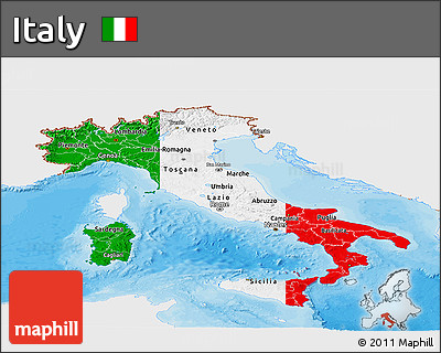 Flag Panoramic Map of Italy, single color outside, bathymetry sea, shaded relief sea