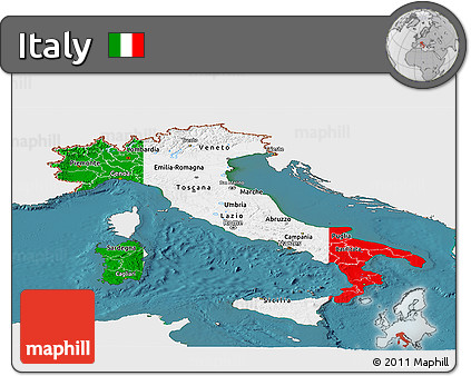 Flag Panoramic Map of Italy, single color outside, satellite sea, flag centered