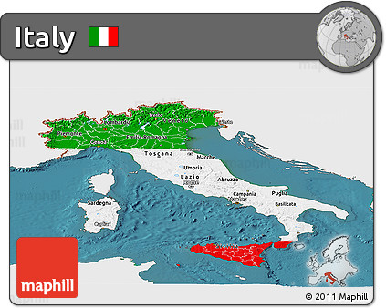 Flag Panoramic Map of Italy, single color outside, satellite sea, flag aligned to the middle