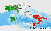 Flag Panoramic Map of Italy, single color outside, shaded relief sea