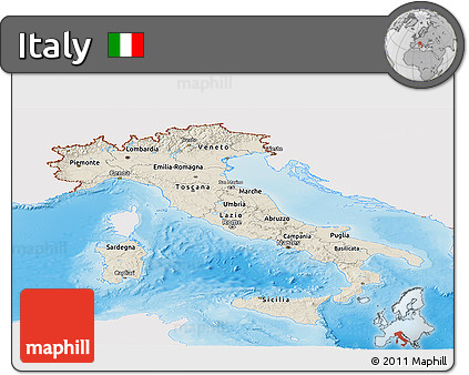Shaded Relief Panoramic Map of Italy, single color outside