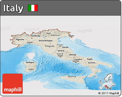 Shaded Relief Panoramic Map of Italy, single color outside