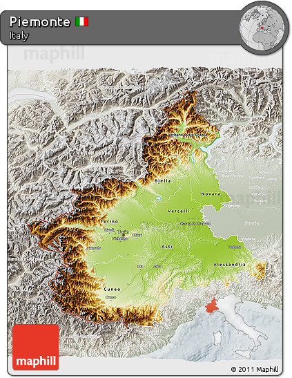 Physical 3D Map of Piemonte, lighten, semi-desaturated