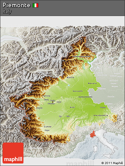 Physical 3D Map of Piemonte, lighten, semi-desaturated