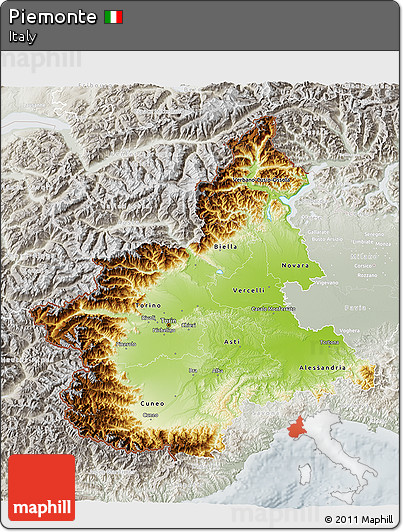 Physical 3D Map of Piemonte, lighten, semi-desaturated
