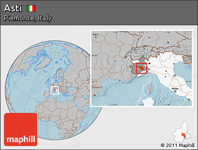 Gray Location Map of Asti, highlighted country, highlighted parent region, hill shading