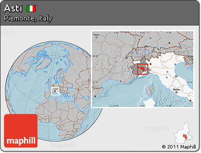 Gray Location Map of Asti, highlighted country, highlighted parent region, hill shading