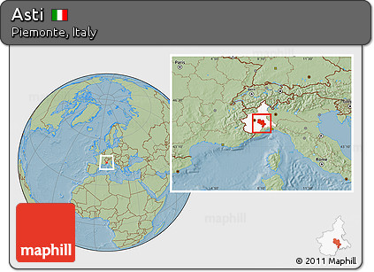 Savanna Style Location Map of Asti, highlighted parent region, hill shading