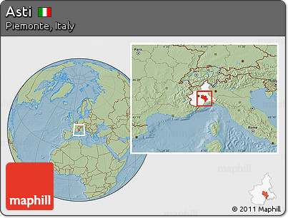 Savanna Style Location Map of Asti, highlighted parent region, hill shading