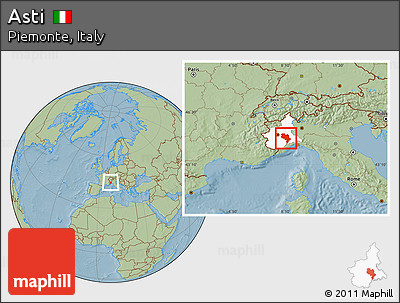 Savanna Style Location Map of Asti, highlighted parent region, hill shading