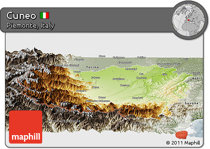 Physical Panoramic Map of Cuneo, semi-desaturated