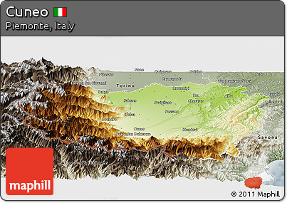 Physical Panoramic Map of Cuneo, semi-desaturated