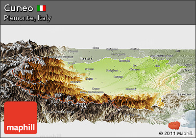Physical Panoramic Map of Cuneo, semi-desaturated