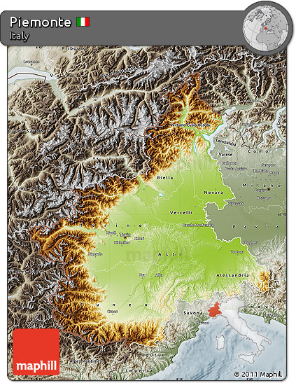 Physical Map of Piemonte, semi-desaturated