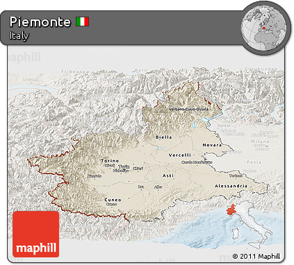 Shaded Relief Panoramic Map of Piemonte, lighten