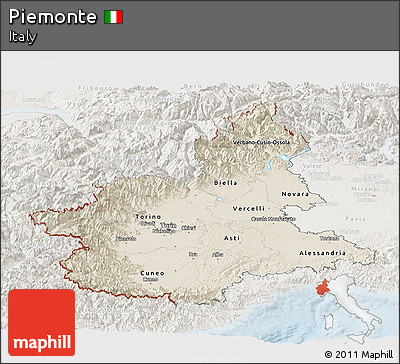 Shaded Relief Panoramic Map of Piemonte, lighten