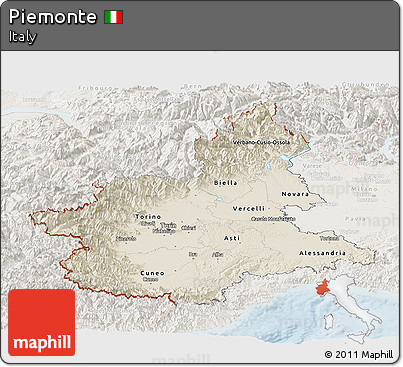 Shaded Relief Panoramic Map of Piemonte, lighten