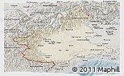 Shaded Relief Panoramic Map of Piemonte, semi-desaturated
