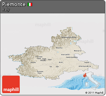 Shaded Relief Panoramic Map of Piemonte, single color outside