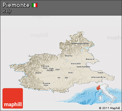 Shaded Relief Panoramic Map of Piemonte, single color outside