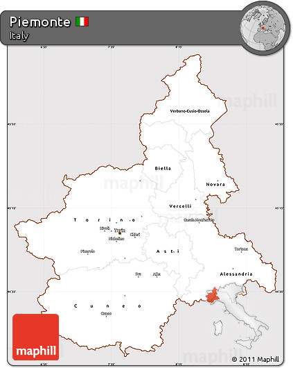 Classic Style Simple Map of Piemonte, cropped outside