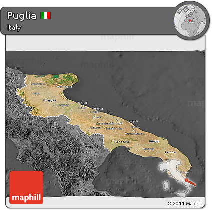 Satellite 3D Map of Puglia, darken, desaturated