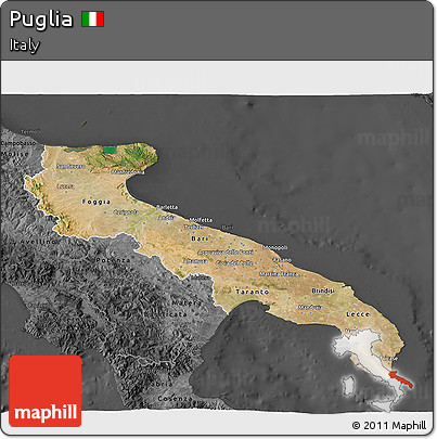 Satellite 3D Map of Puglia, darken, desaturated