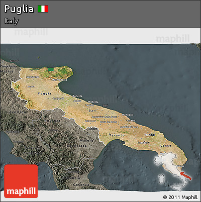 Satellite 3D Map of Puglia, darken, semi-desaturated