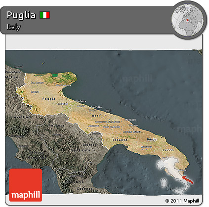 Satellite 3D Map of Puglia, darken, semi-desaturated