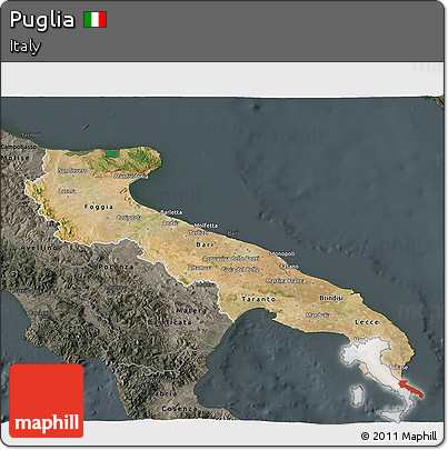 Satellite 3D Map of Puglia, darken, semi-desaturated