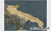 Satellite 3D Map of Puglia, darken, semi-desaturated