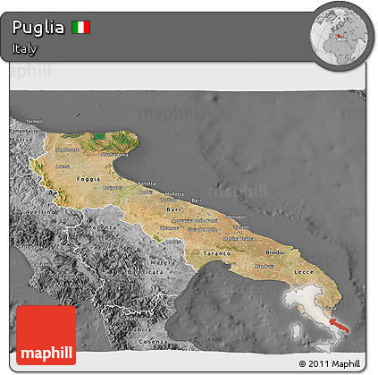 Satellite 3D Map of Puglia, desaturated