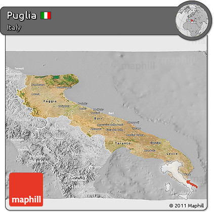 Satellite 3D Map of Puglia, lighten, desaturated