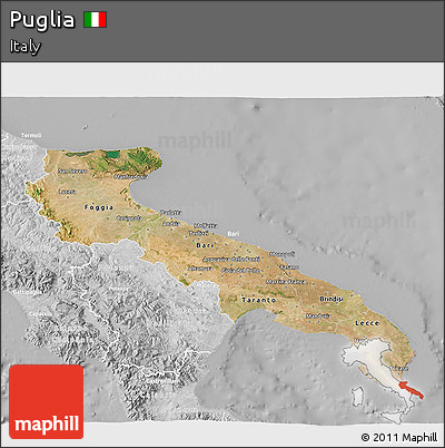 Satellite 3D Map of Puglia, lighten, desaturated