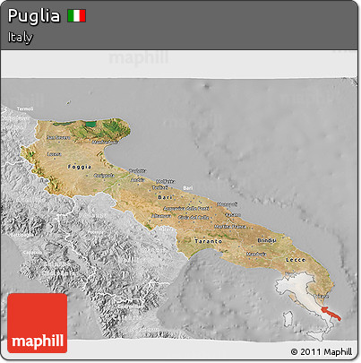 Satellite 3D Map of Puglia, lighten, desaturated